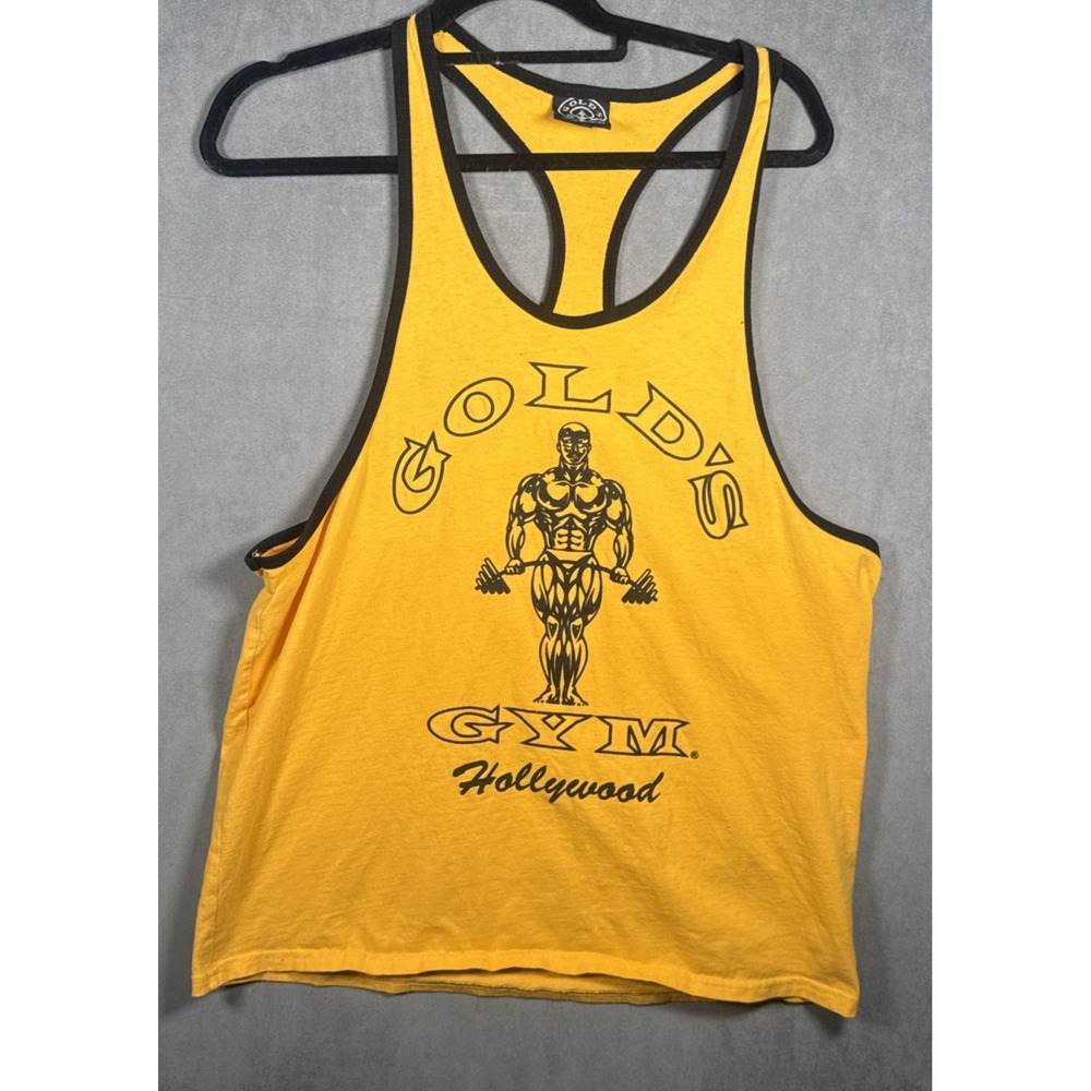 Vintage 90s Golds Gym Hollywood Stringer Tank Top L Yellow Black Made USA